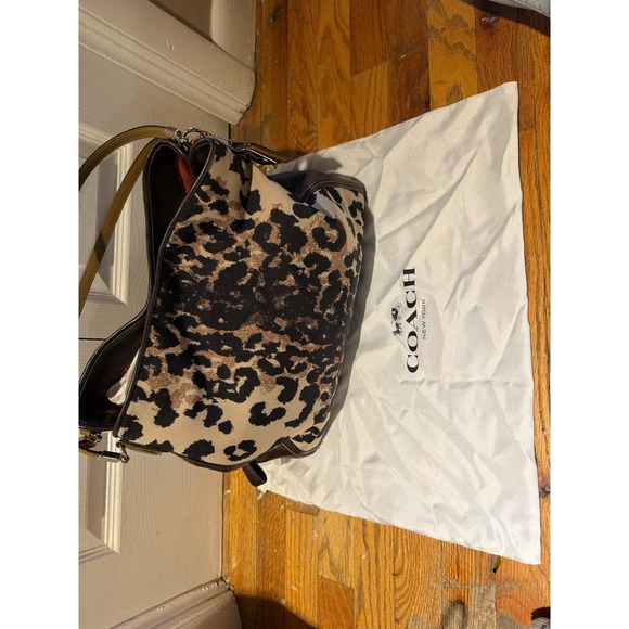 Coach Leopard Print Leather Trim Shoulder Bag Purse Medium with Dust Bag NWOT